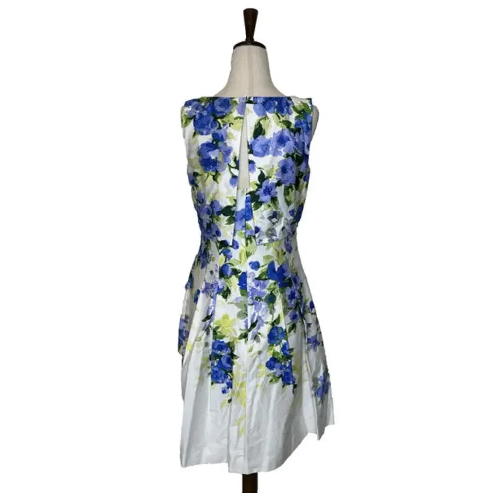 Vtg Lauren Ralph Lauren Pleated Sleeveless A Line 4 Dress Floral White Blue - Picture 3 of 6